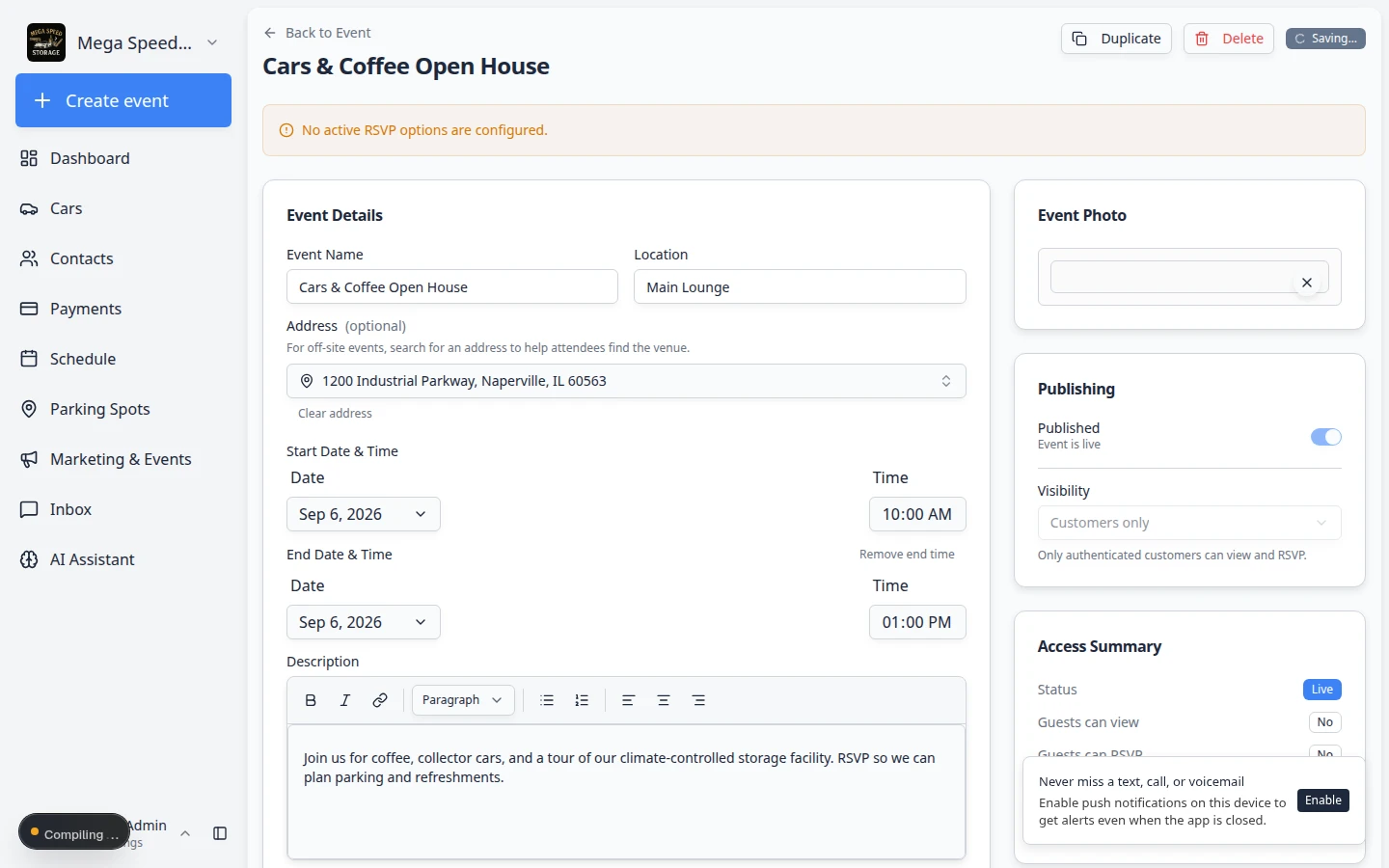 Social event edit page showing ticket options such as Add option, Enable waitlist, and Allow multiple tickets