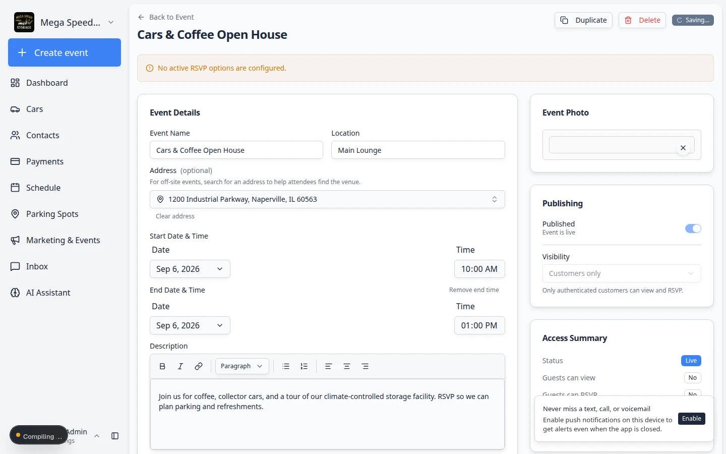 Social event edit page showing ticket options such as Add option, Enable waitlist, and Allow multiple tickets