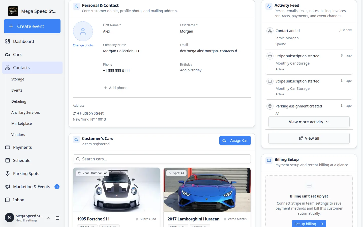 Alex Morgan customer page with Activity Feed on the right showing Contact added, Stripe subscription started, and parking assignment created, plus View more activity and View all