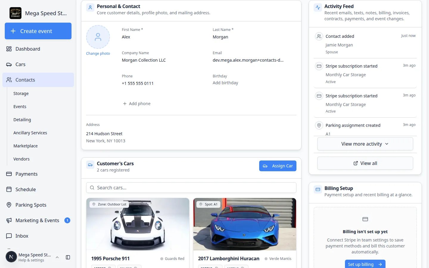 Alex Morgan customer page with Activity Feed on the right showing Contact added, Stripe subscription started, and parking assignment created, plus View more activity and View all