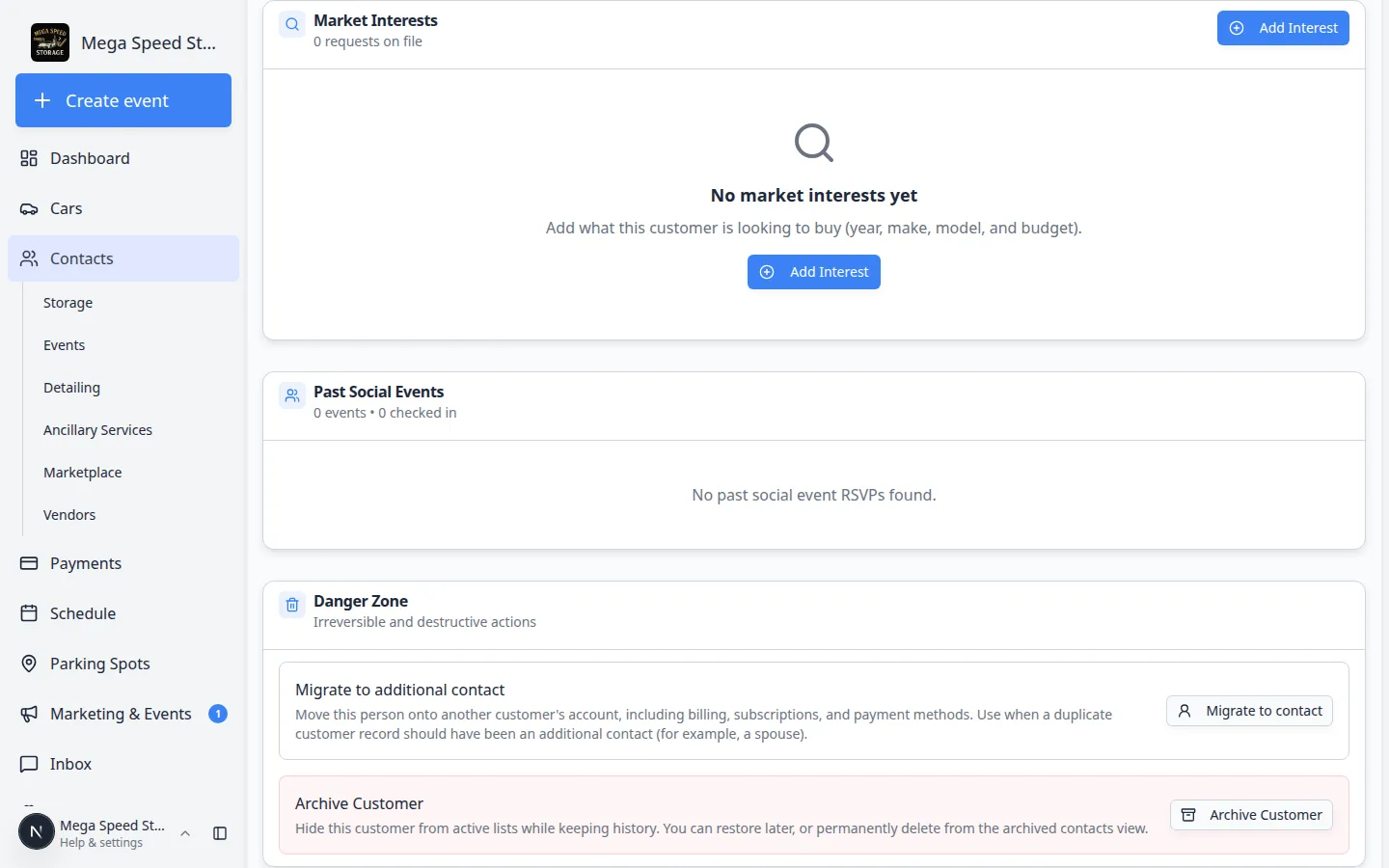 Customer page Market Interests empty state with Add Interest, then Past Social Events and Danger Zone