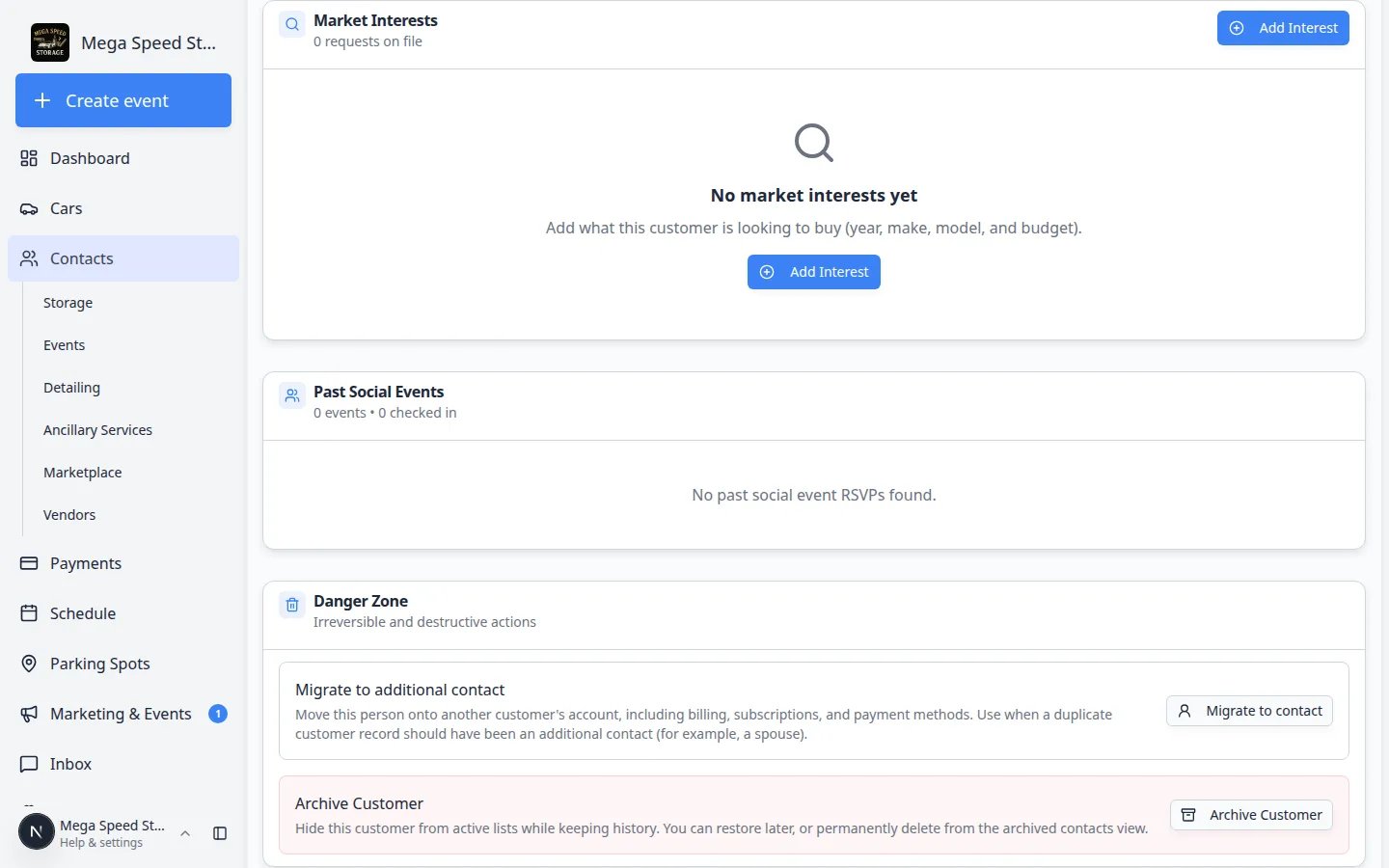 Customer page Market Interests empty state with Add Interest, then Past Social Events and Danger Zone