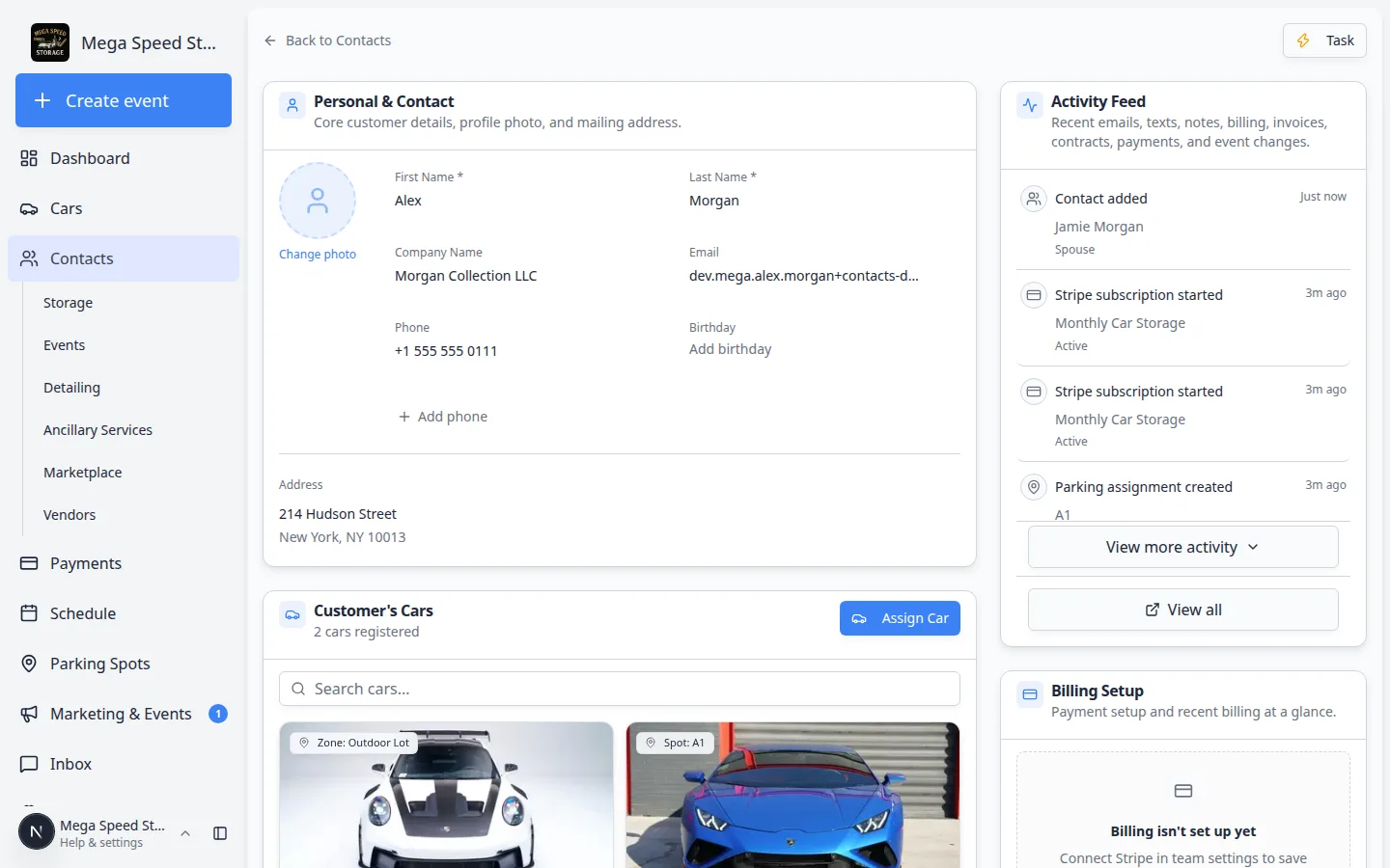 Alex Morgan customer page showing Personal and Contact details, Activity Feed, Customer Cars with a Porsche and Lamborghini, and Billing Setup