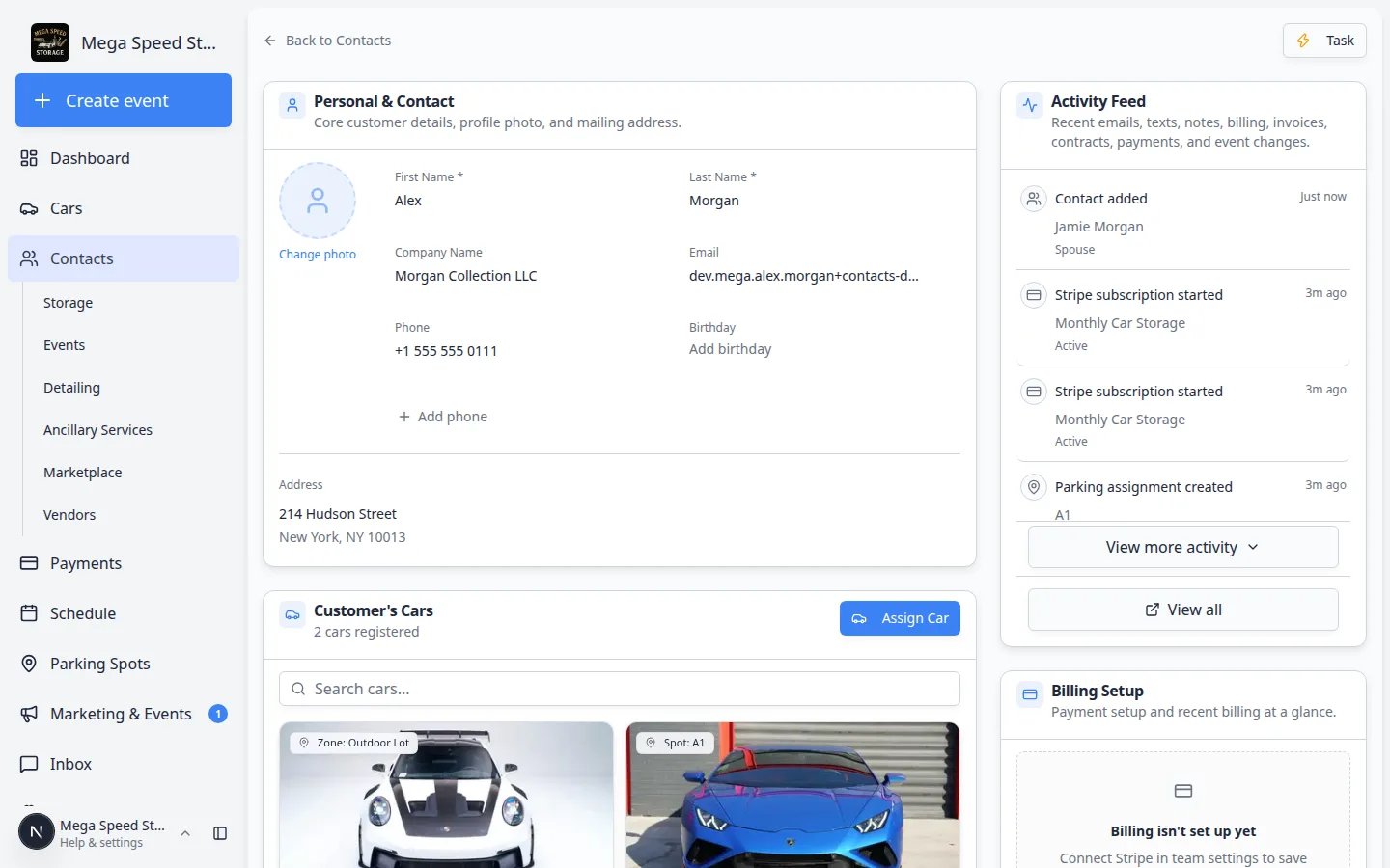 Alex Morgan customer page showing Personal and Contact details, Activity Feed, Customer Cars with a Porsche and Lamborghini, and Billing Setup