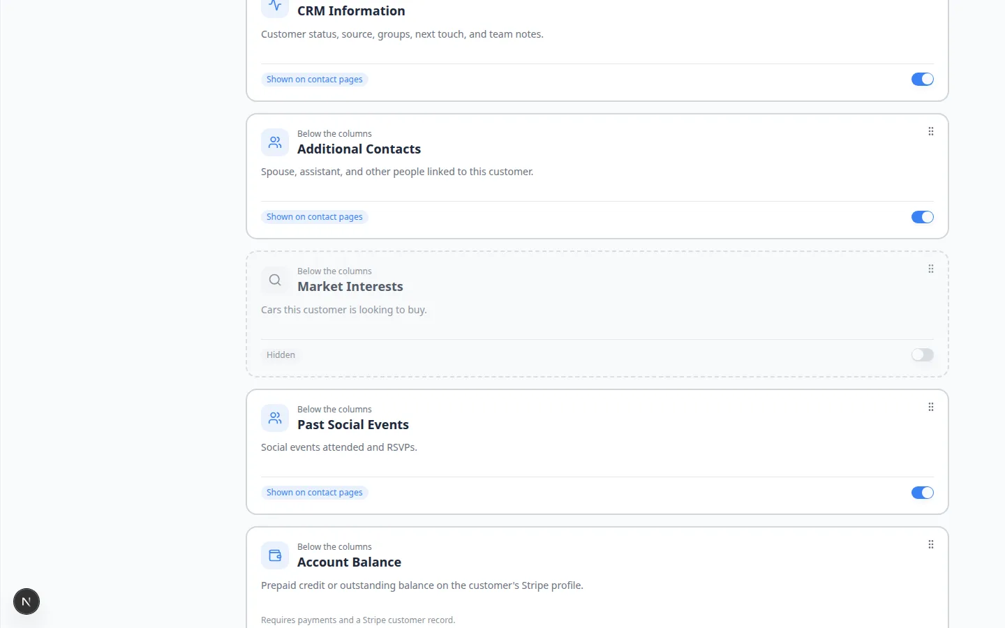 Contact page settings with the Market Interests card gray and dashed, labeled Hidden, while Additional Contacts and Past Social Events stay on