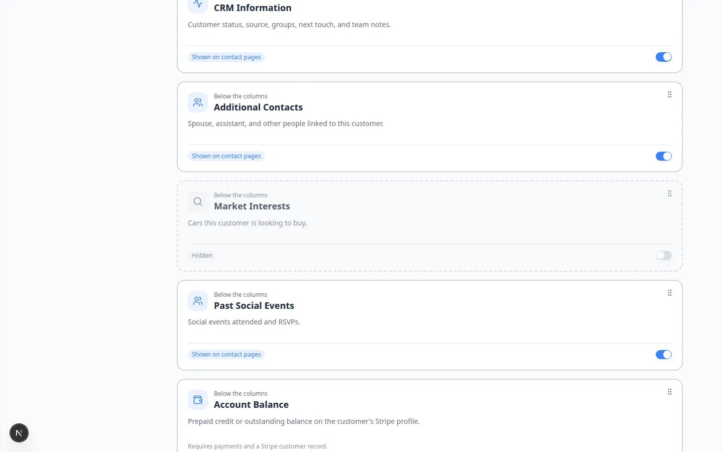 Contact page settings with the Market Interests card gray and dashed, labeled Hidden, while Additional Contacts and Past Social Events stay on