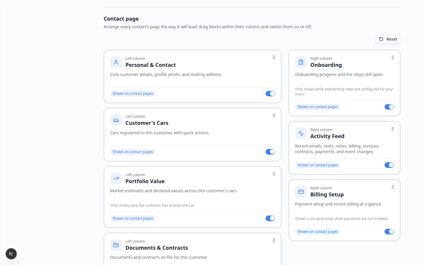 Contact page settings showing Left column cards such as Personal and Contact and Customer's Cars next to Right column cards such as Onboarding, Activity Feed, and Billing Setup, with a Reset button