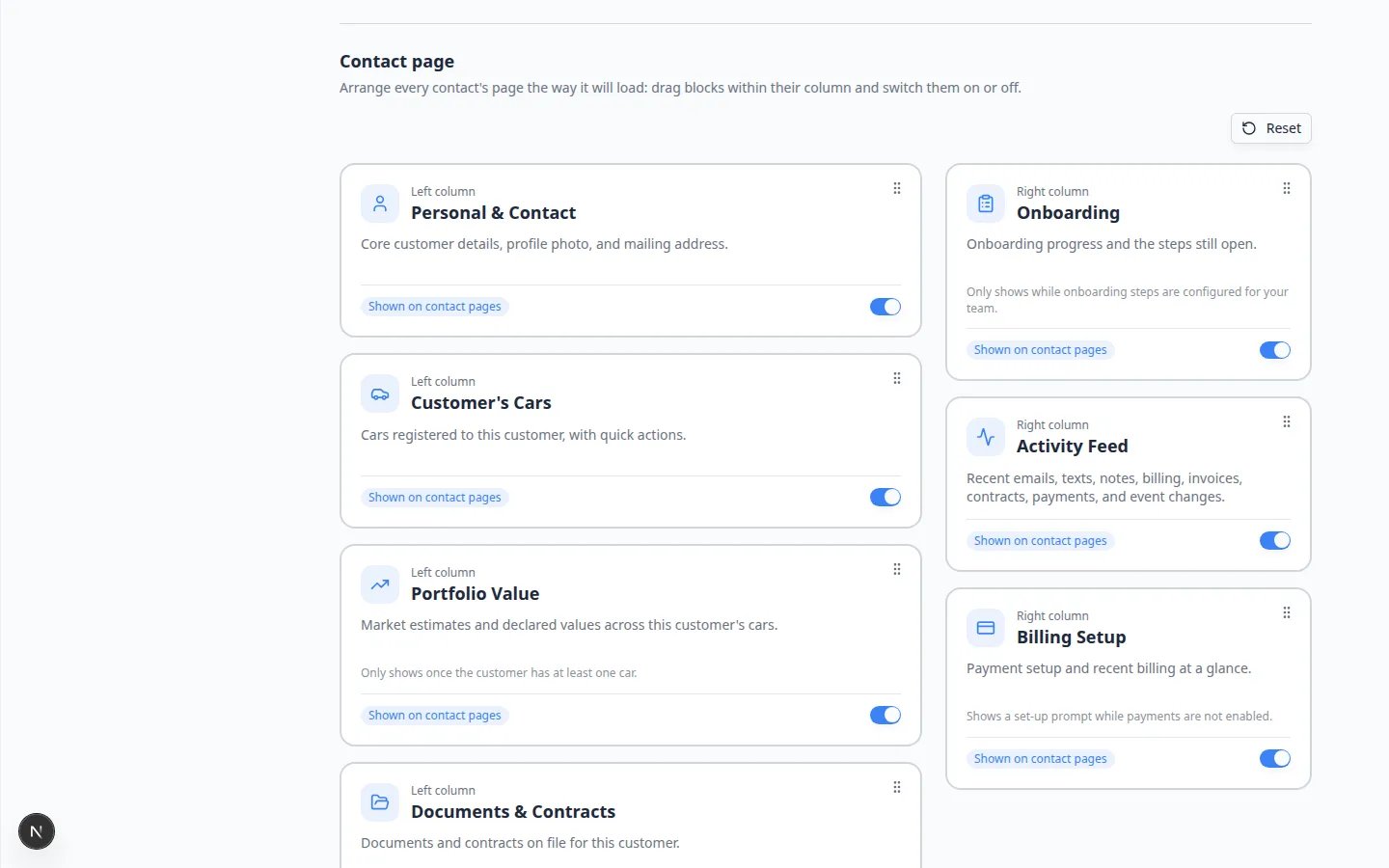 Contact page settings showing Left column cards such as Personal and Contact and Customer's Cars next to Right column cards such as Onboarding, Activity Feed, and Billing Setup, with a Reset button