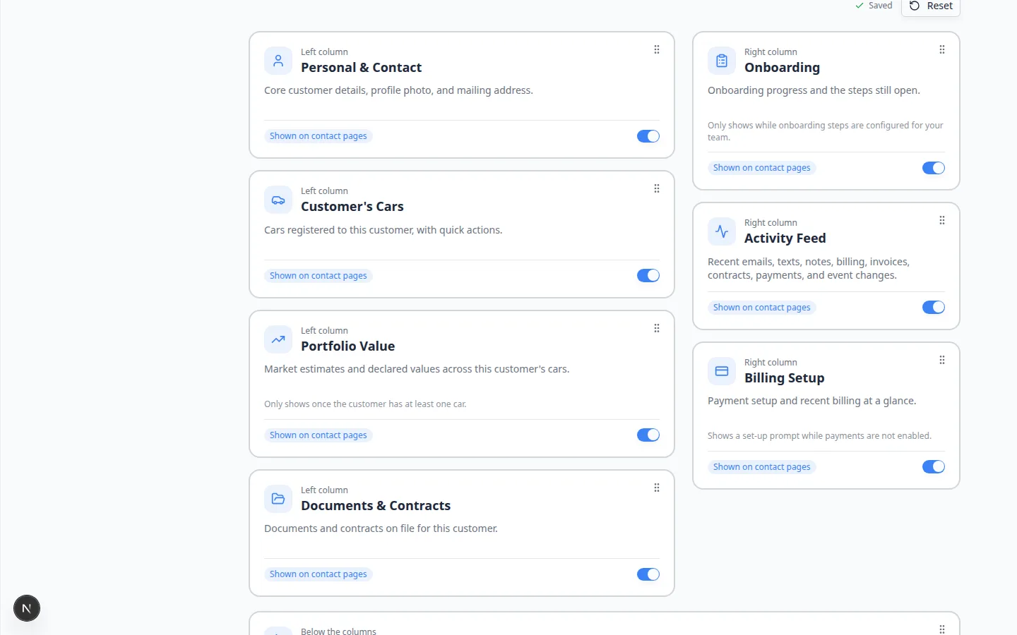 Contact page settings with a green Saved status next to the Reset button after a change