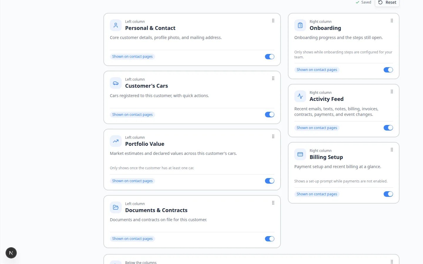 Contact page settings with a green Saved status next to the Reset button after a change