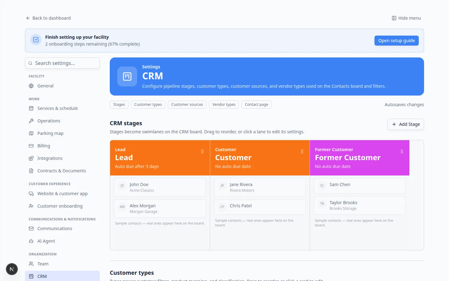CRM settings page showing jump links for Stages, Customer types, Customer sources, Vendor types, and Contact page above the CRM stages board