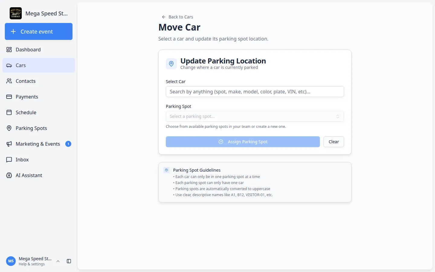 Move Car page titled Update Parking Location with empty Select car and Parking Spot fields