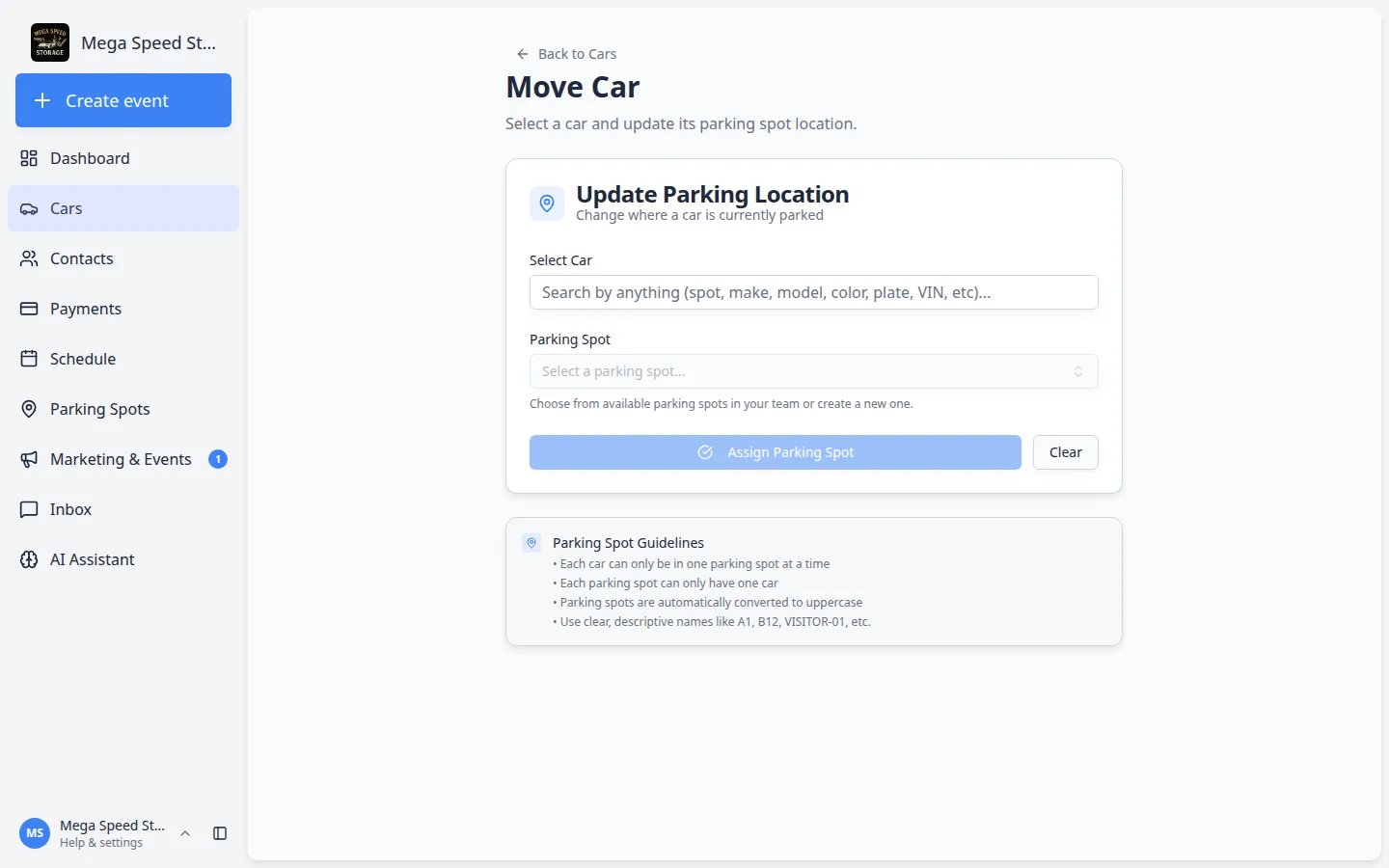 Move Car page titled Update Parking Location with empty Select car and Parking Spot fields