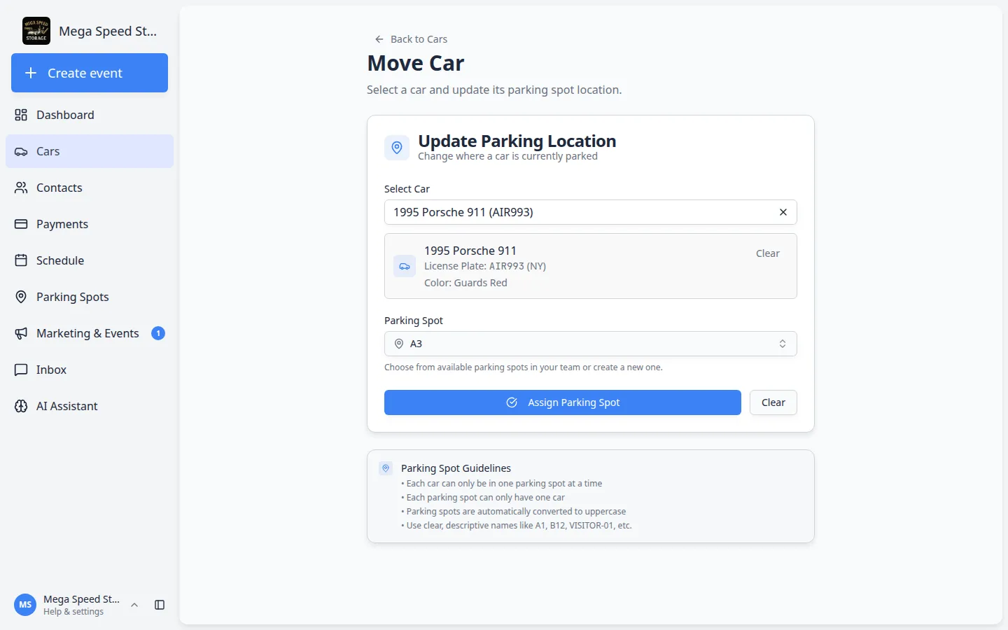 Move Car page with a 1995 Porsche 911 selected and parking spot A3 chosen, showing an Assign Parking Spot button