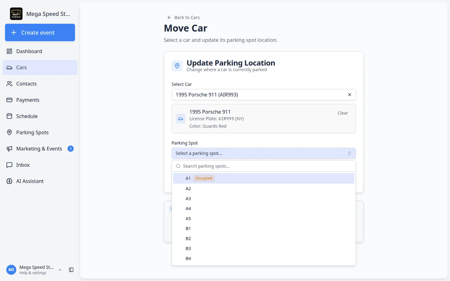 Parking Spot dropdown on the Move Car page listing numbered spots such as A3