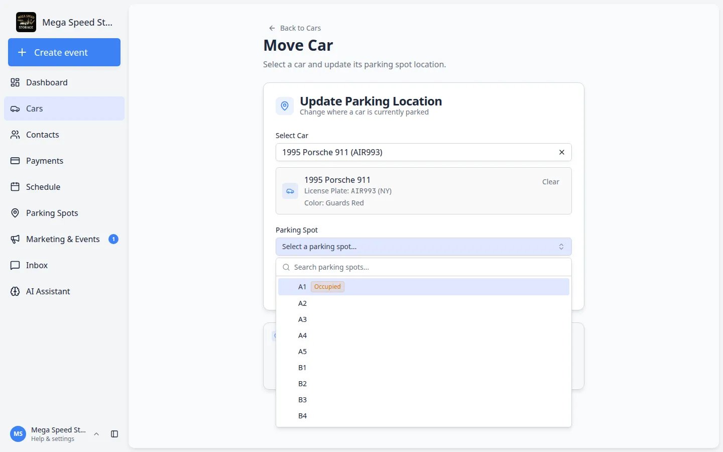 Parking Spot dropdown on the Move Car page listing numbered spots such as A3