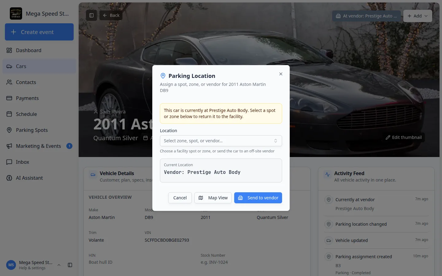 Parking Location dialog on an Aston Martin DB9 showing Current Location as Vendor Prestige Auto Body and a Send to vendor button