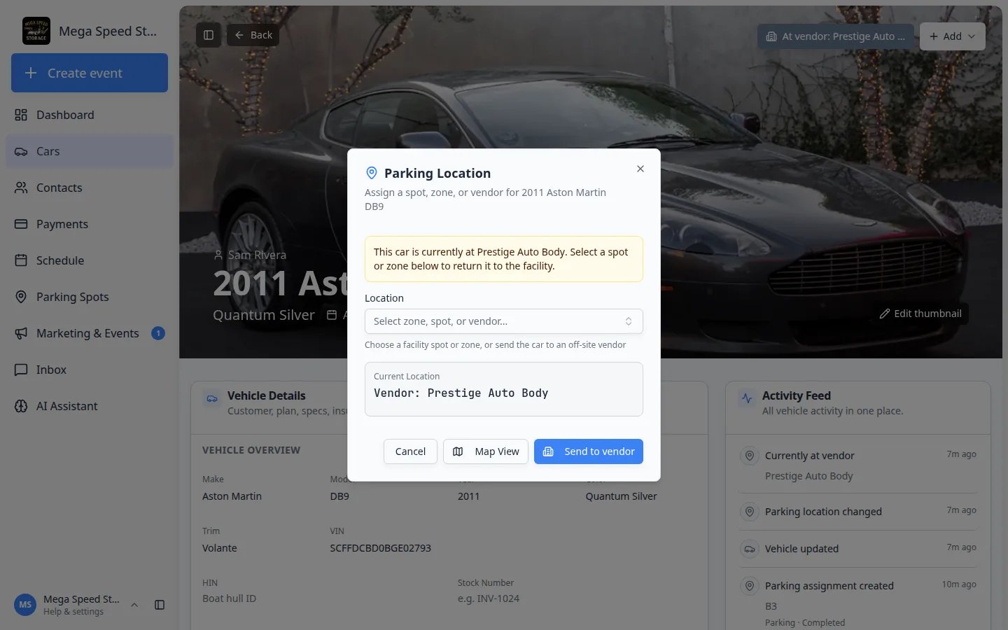 Parking Location dialog on an Aston Martin DB9 showing Current Location as Vendor Prestige Auto Body and a Send to vendor button