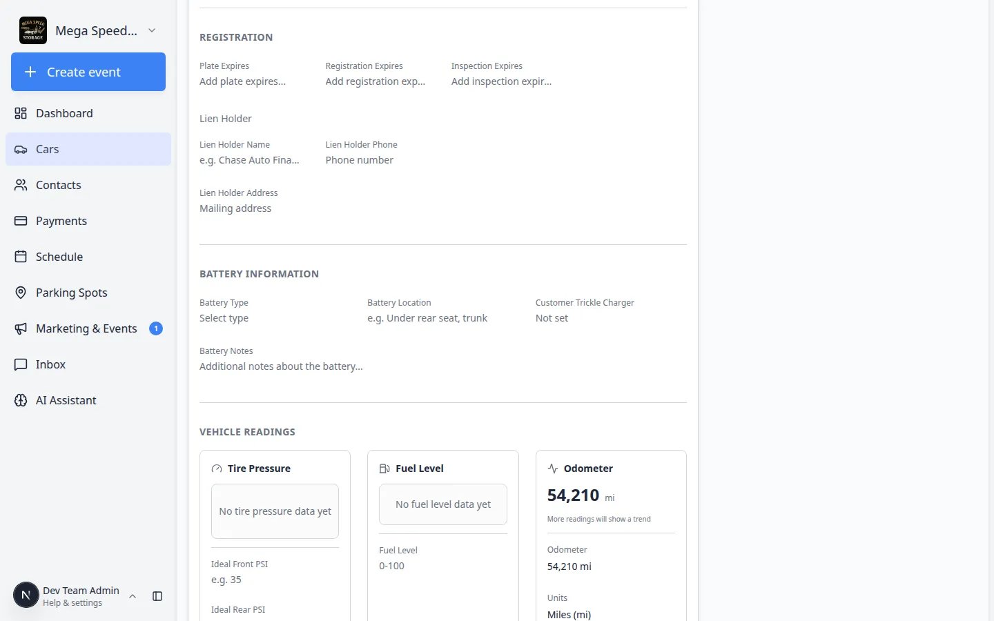 Payments section on a car record showing Link recurring plan placeholder when no subscription is linked yet