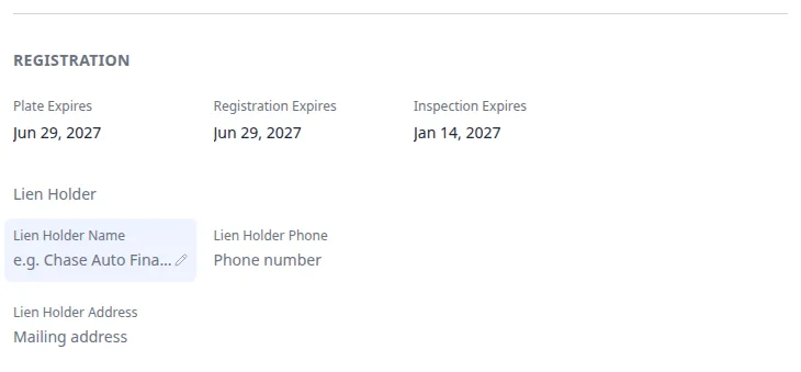 Registration section showing plate expiration, registration expiration, inspection date, and empty lien holder fields