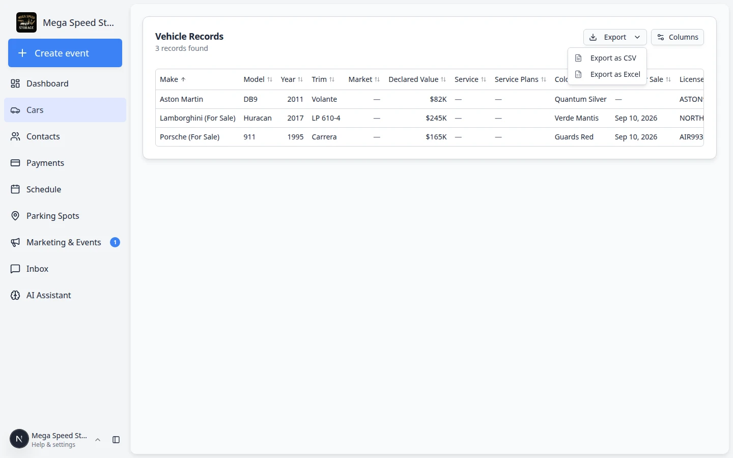 Export dropdown on Cars Report showing Export as CSV and Export as Excel options