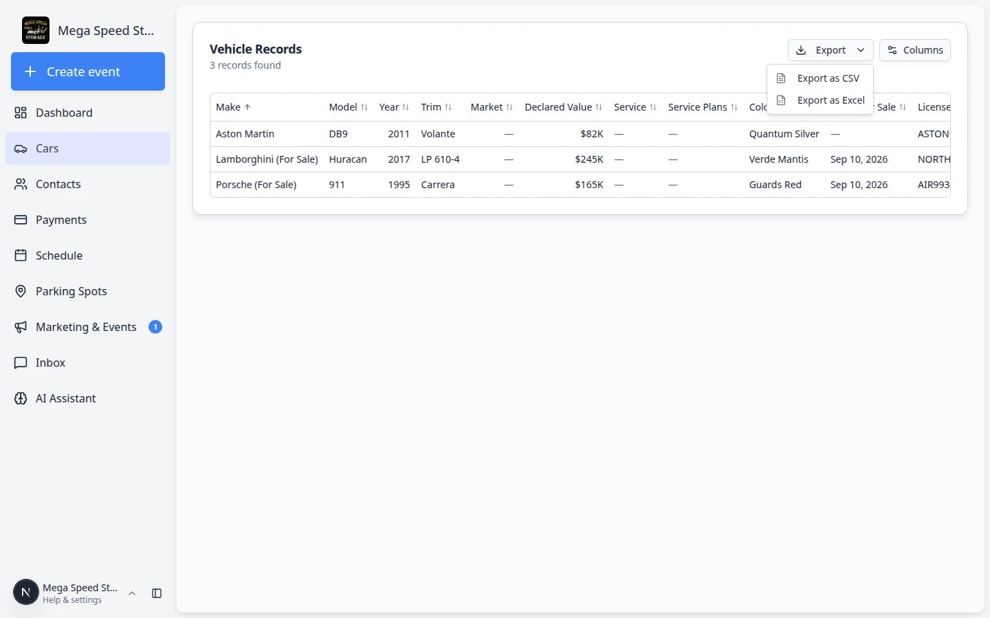 Export dropdown on Cars Report showing Export as CSV and Export as Excel options