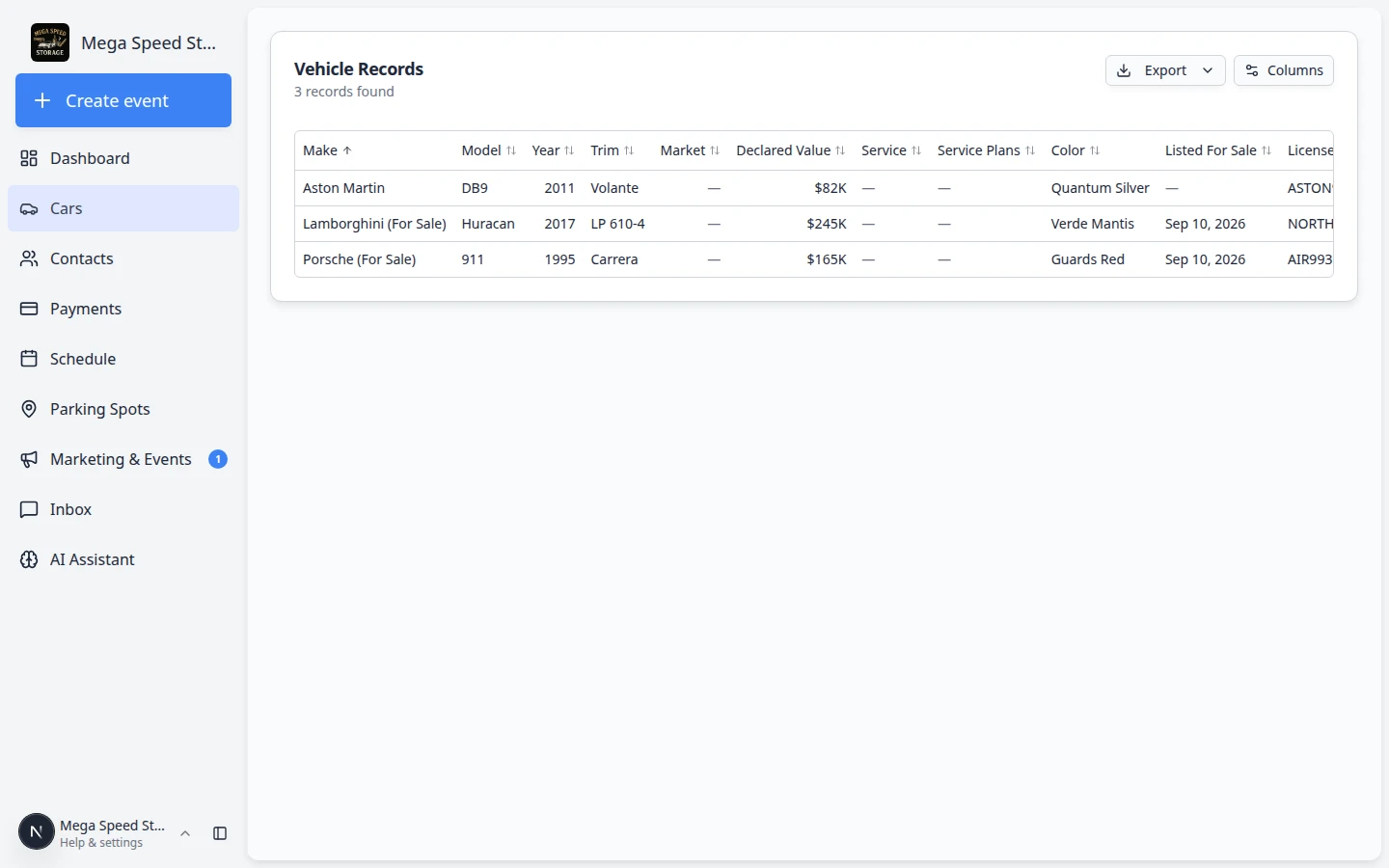 Cars Report page showing a table of vehicle records with Export and Columns controls