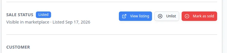 Sale status section showing Listed badge with View listing, Unlist, and Mark as sold
