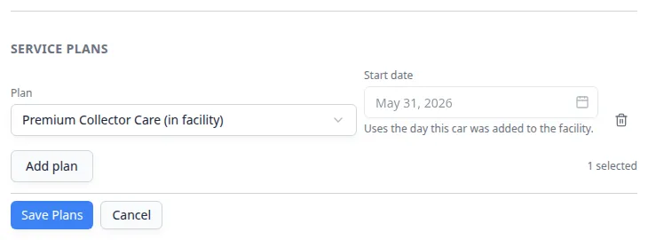 Service Plans section in edit mode showing Premium Collector Care selected, start date, Add plan, Save Plans, and Cancel