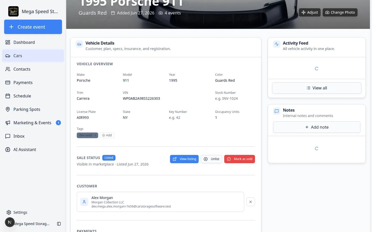 Activity Feed on a car detail page showing completed dealer service events with checkmarks