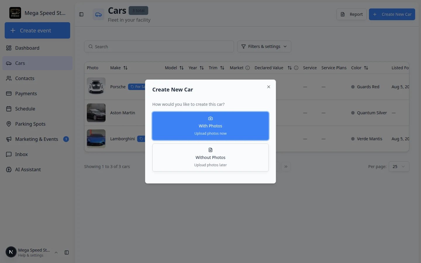Create New Car dialog showing two options: With Photos and Without Photos