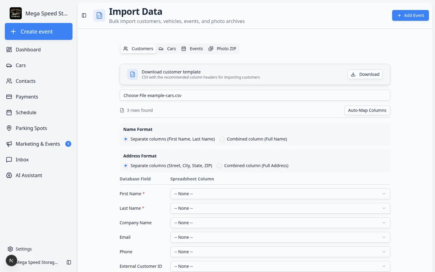 Car import mapping screen showing database fields matched to spreadsheet columns with Auto-Map Columns button