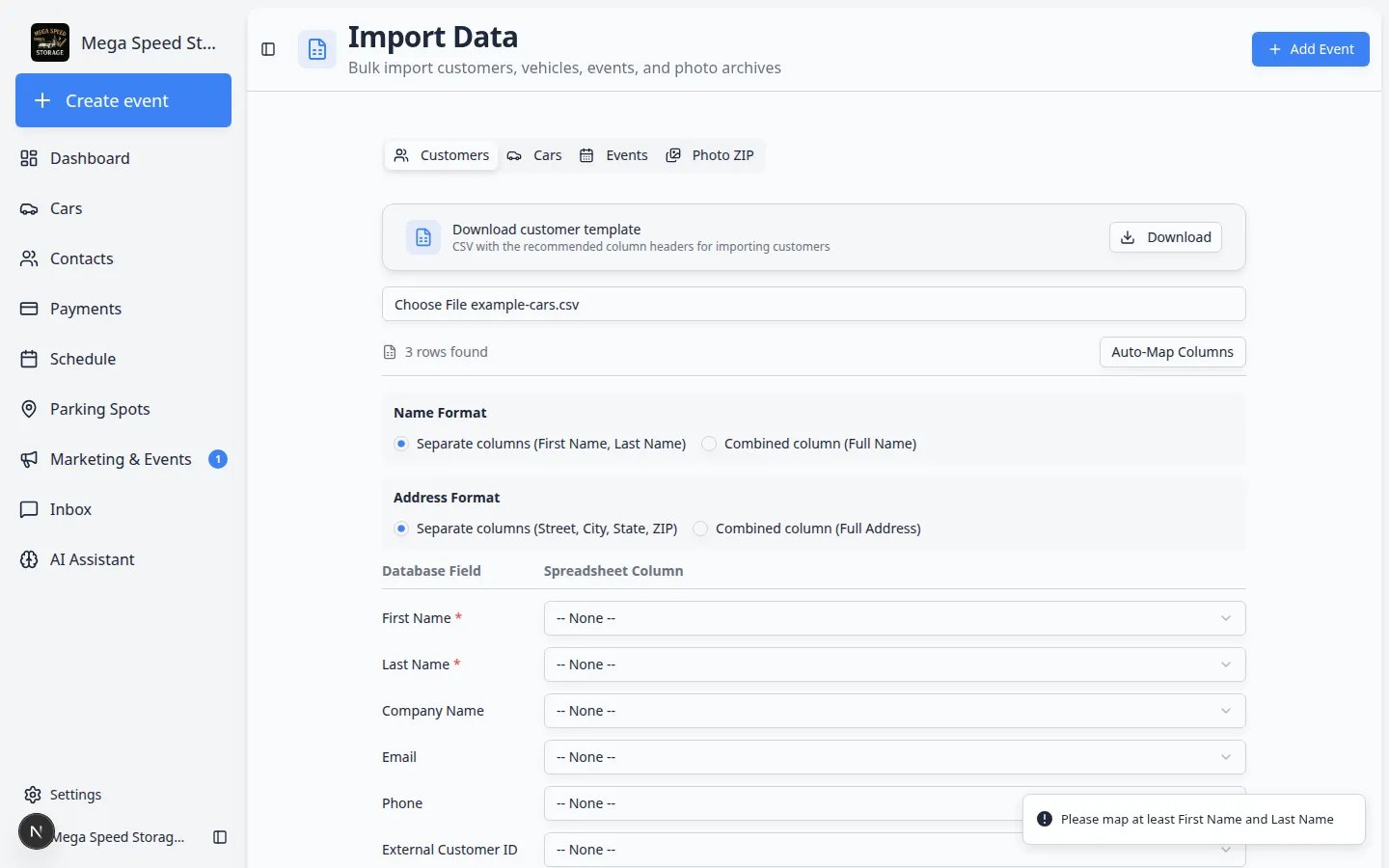 Car import review screen showing a preview table of vehicles before records are created