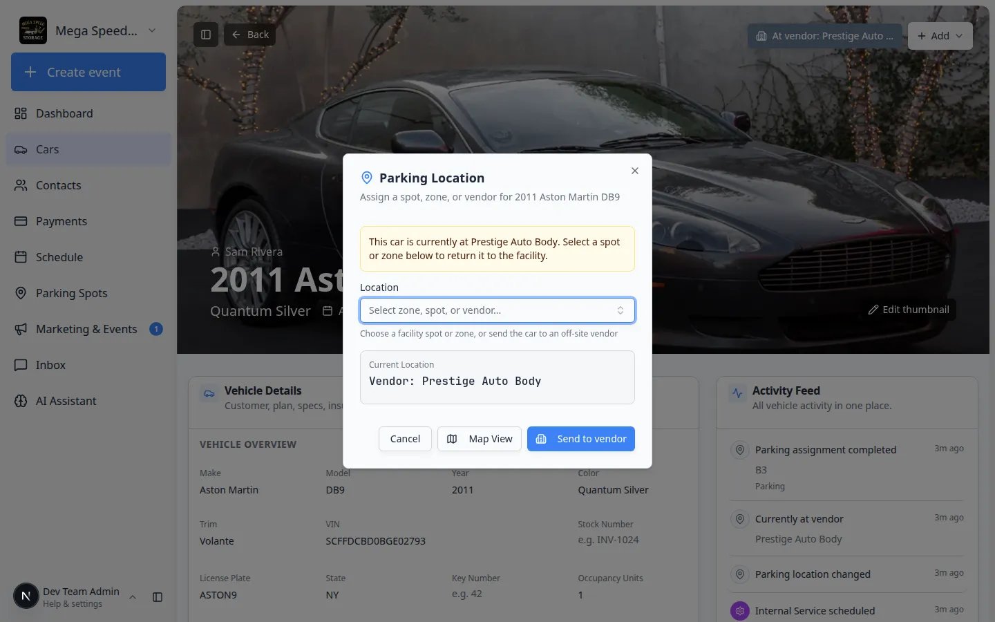 Parking Location window with Location field, current spot shown, Map View button, and Update location button