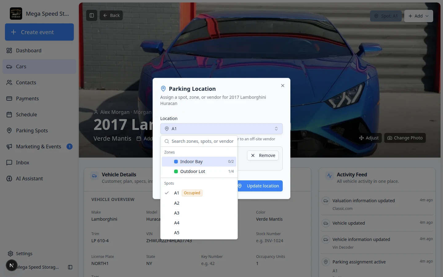 Location dropdown in the Parking Location window listing zones, numbered spots, and vendor options