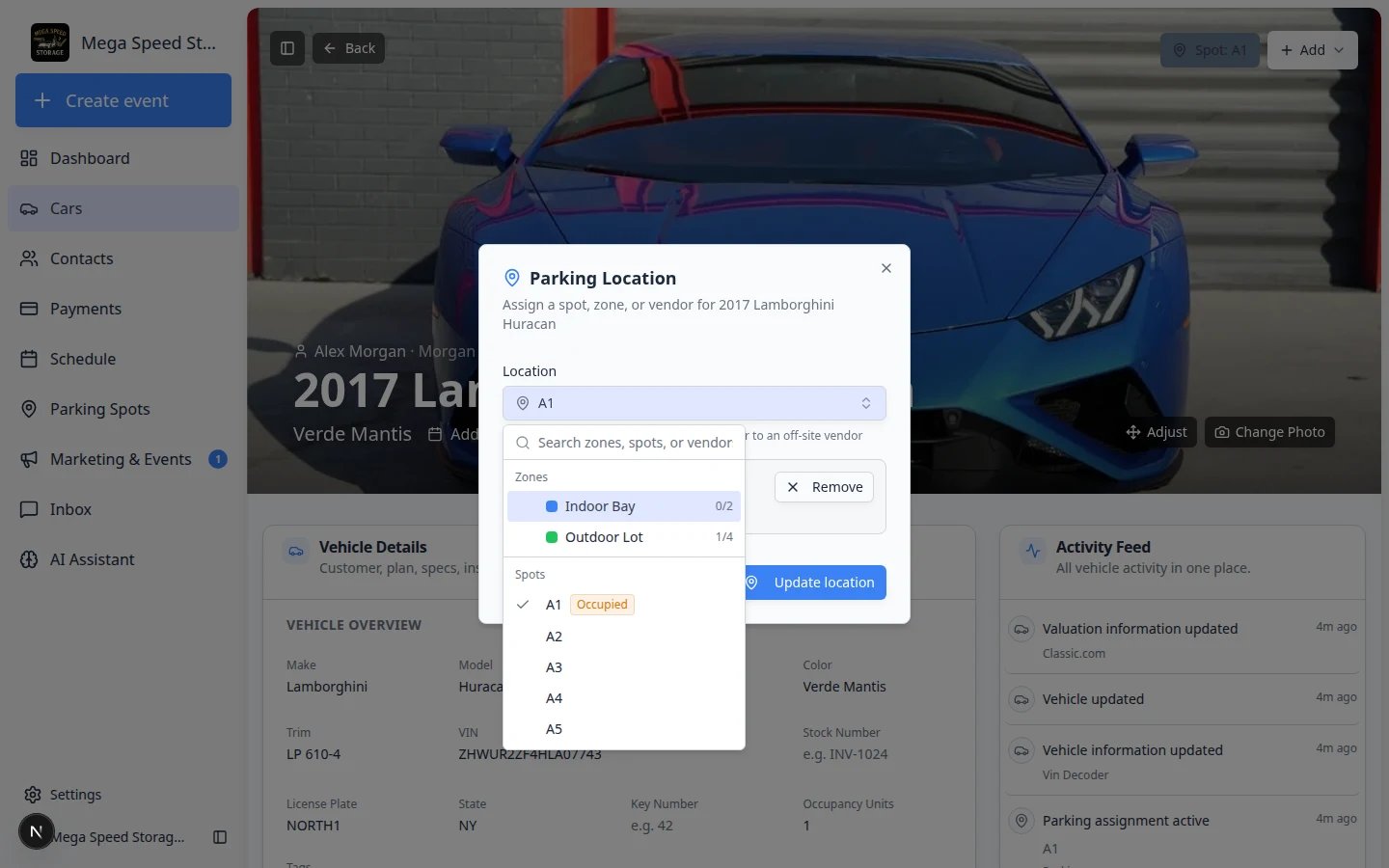 Location dropdown in the Parking Location window listing zones, numbered spots, and vendor options