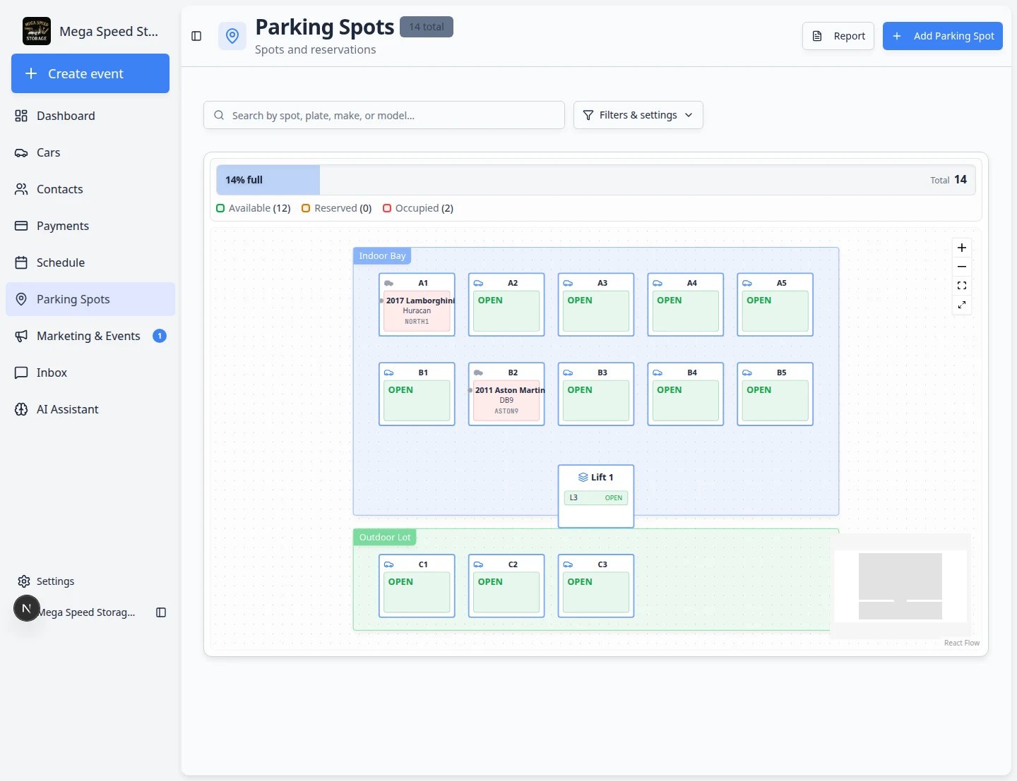 Parking Spots map view with a highlighted vehicle and labeled parking spots on the facility floor plan