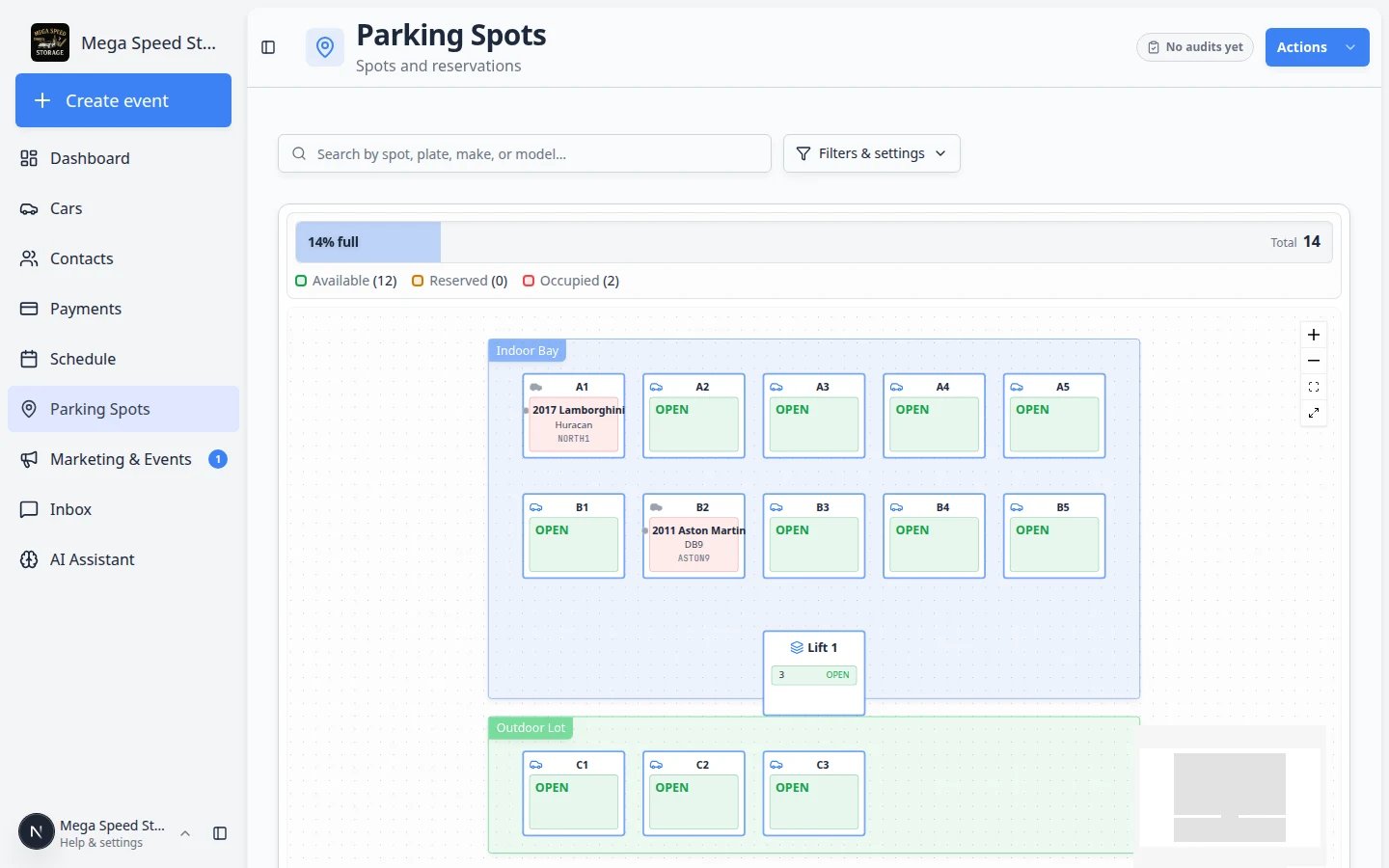 Parking spot dialog on the facility map showing options to assign or move a car to the selected spot