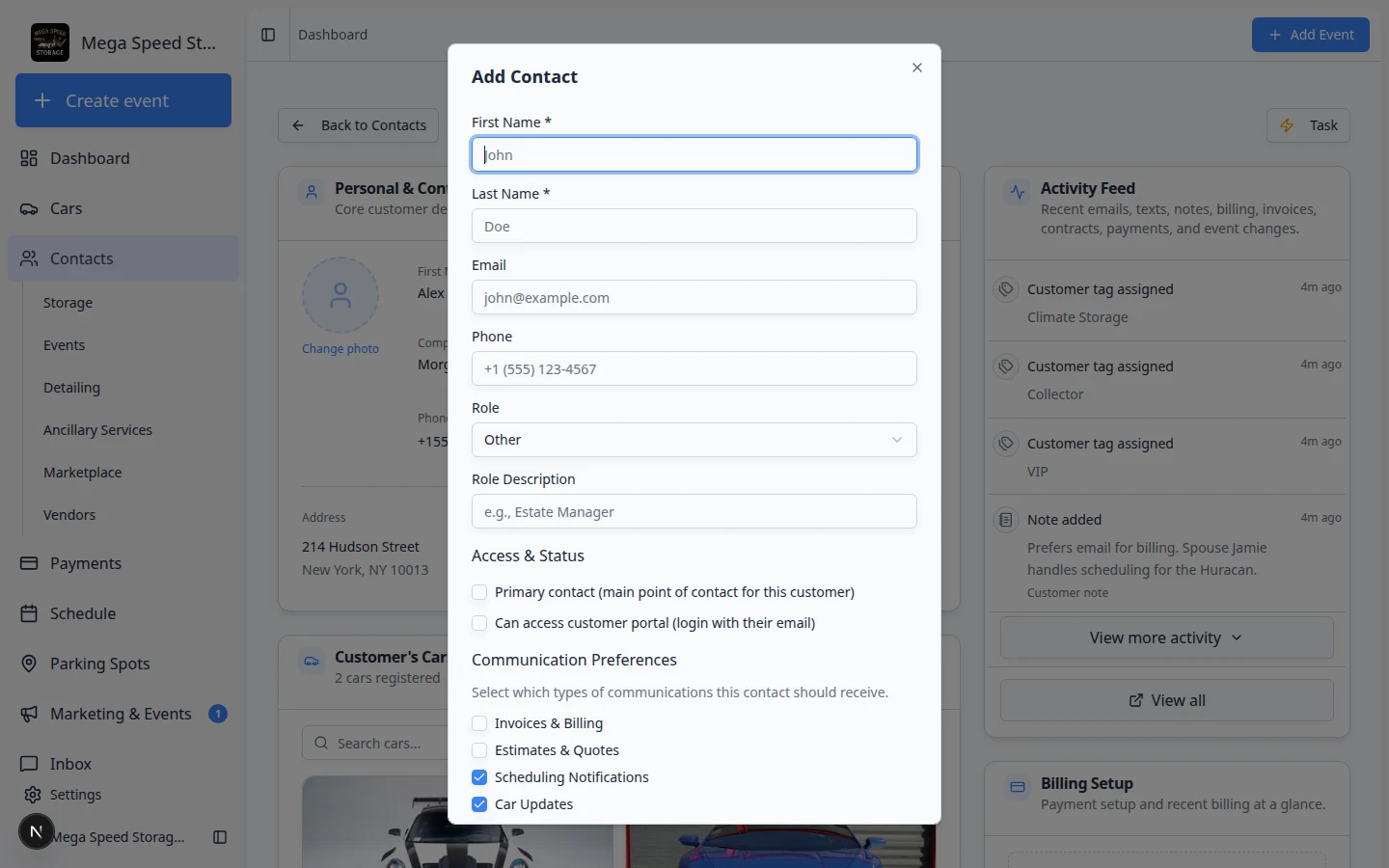 Add Contact dialog showing fields for name, email, phone, role, portal access toggle, and communication preferences