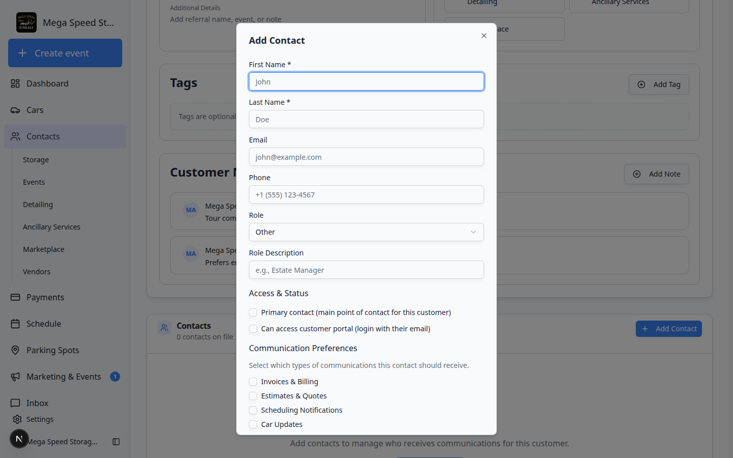 Add Contact dialog showing communication preference checkboxes for invoices, scheduling, car updates, contracts, and marketing