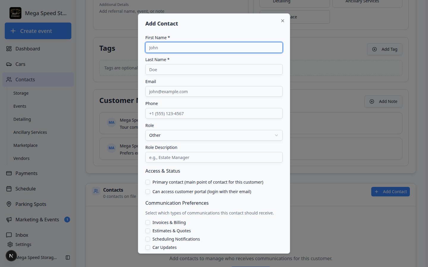 Add Contact dialog showing communication preference checkboxes for invoices, scheduling, car updates, contracts, and marketing