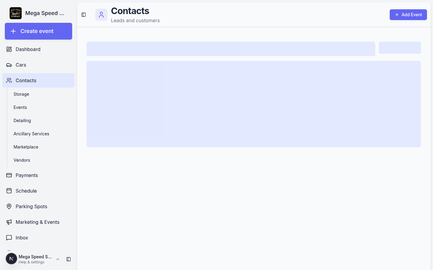 All Contacts page showing customer rows, sidebar type links, search, filters, CRM stage, cars, account status, and row actions
