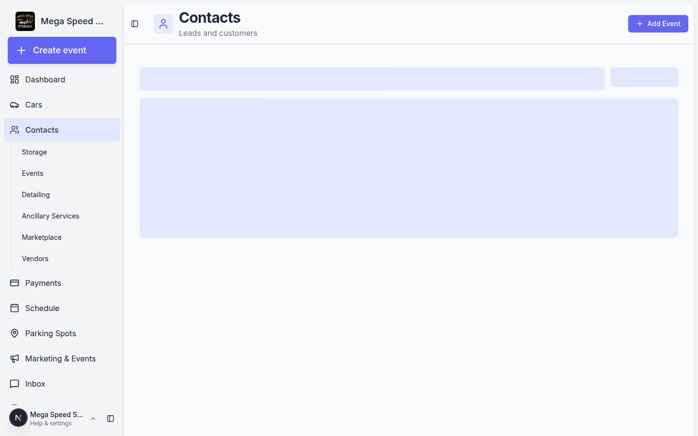 All Contacts page showing customer rows, sidebar type links, search, filters, CRM stage, cars, account status, and row actions