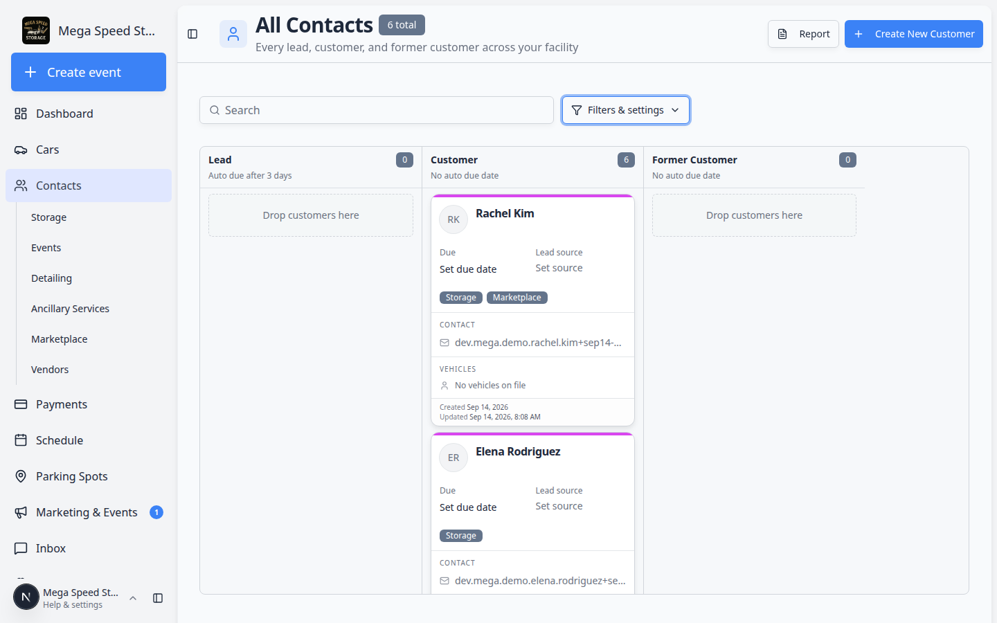 Contacts Board view with customers grouped in columns by CRM pipeline stage