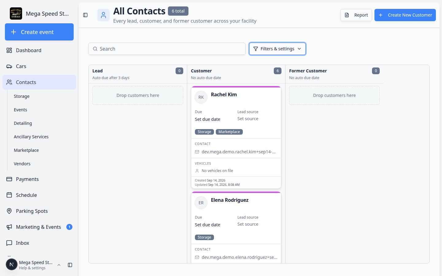 Contacts Board view with customers grouped in columns by CRM pipeline stage