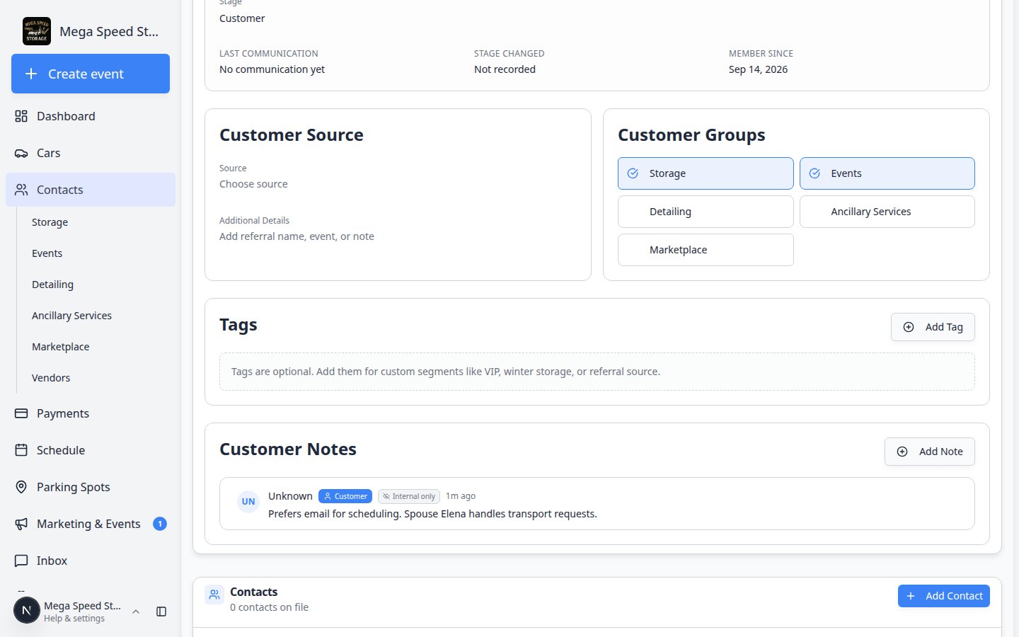CRM Information section on a customer record showing Customer Groups with Storage and Detailing selected