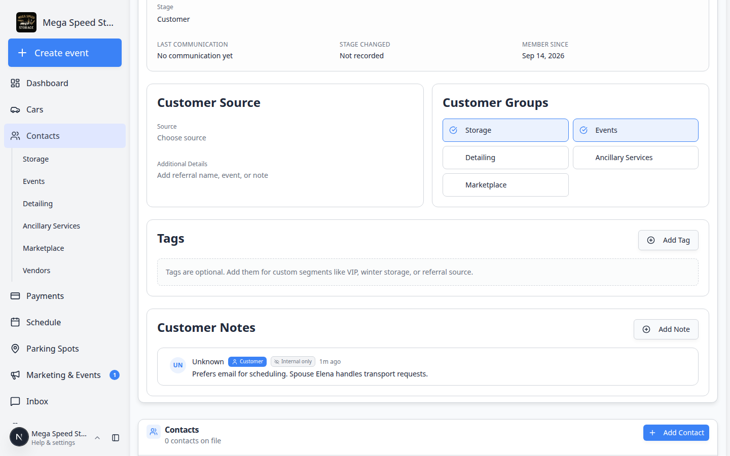 Customer detail page showing the Customer Notes section with a saved note, author initials, Internal only label, and Add Note button