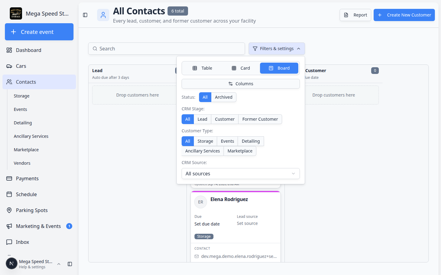 Filters and Settings panel on Contacts showing Table, Card, and Board view buttons plus status and CRM filters