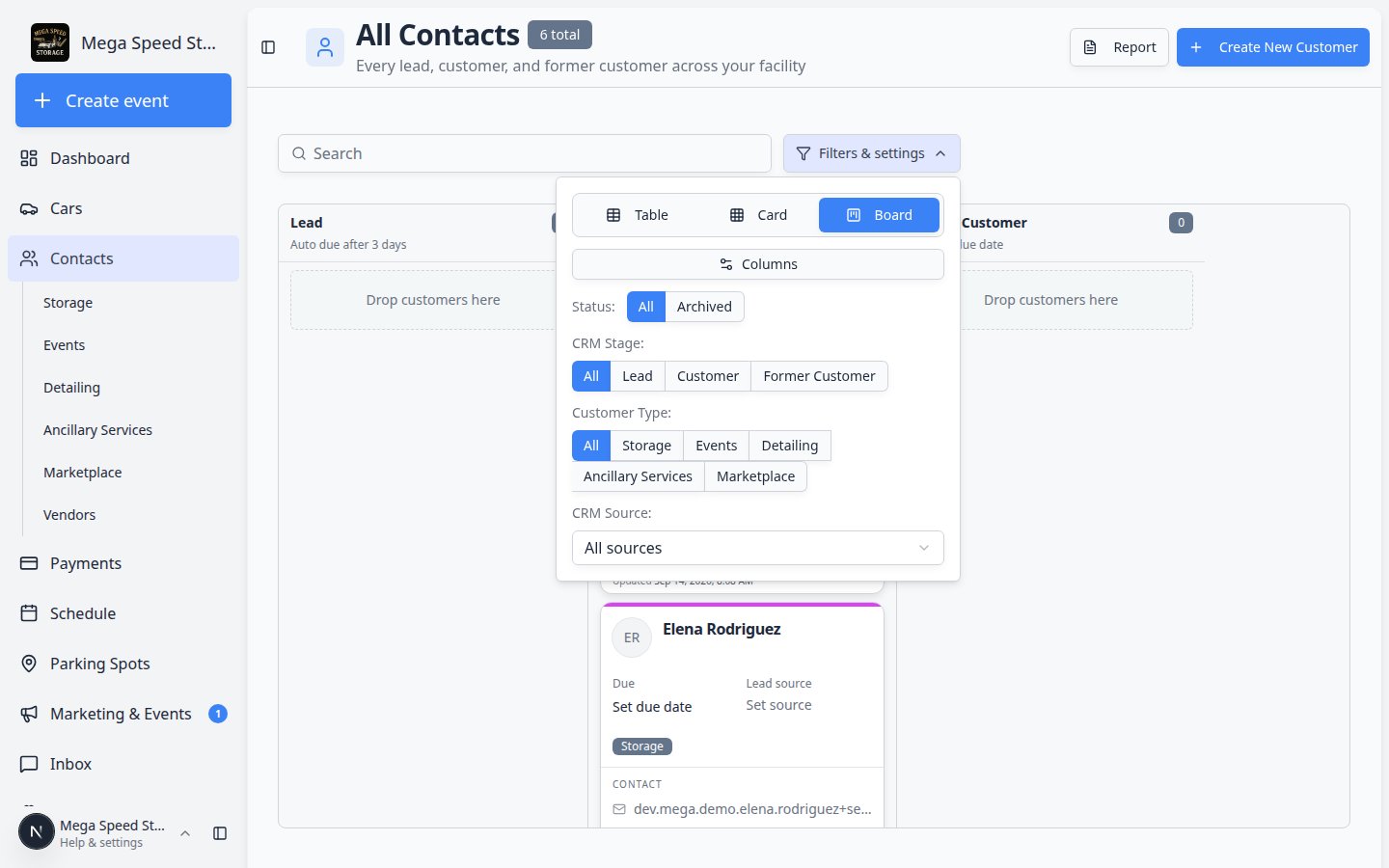 Filters and Settings panel on Contacts showing Table, Card, and Board view buttons plus status and CRM filters