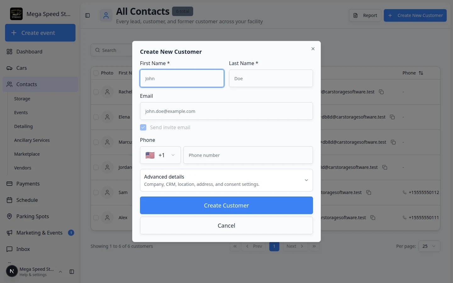 All Contacts page header showing the page title, Create New Customer button, and Report button